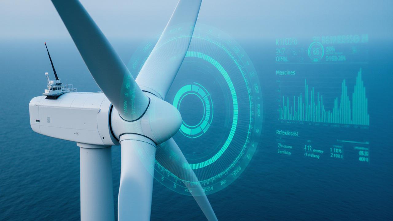 Close-up view of a high-tech wind turbine blade with data overlay graphics