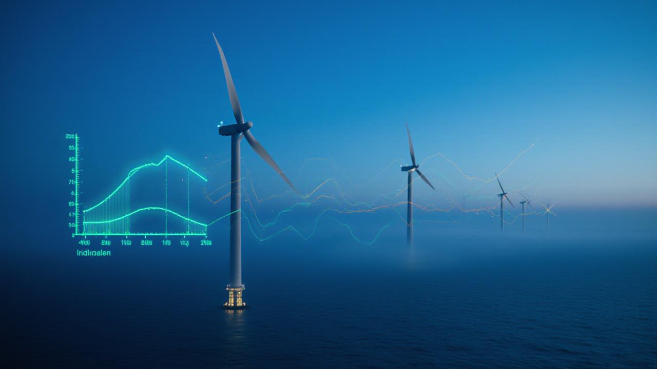 Panoramic view of a modern offshore wind farm at dawn with data overlay elements