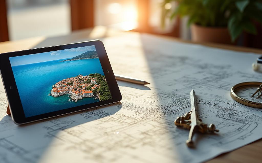 Architectural drafting meets a scenic landscape