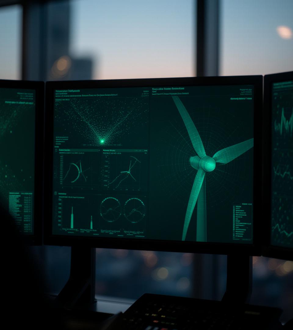Zephyros Analytics Real-time wind data dashboard on dual monitors