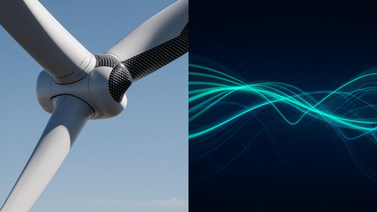 Digital twin of a wind turbine showing real-time efficiency analytics and data overlays