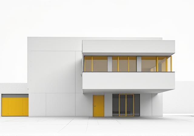 Minimalist Bauhaus style building with clean lines and primary color accents